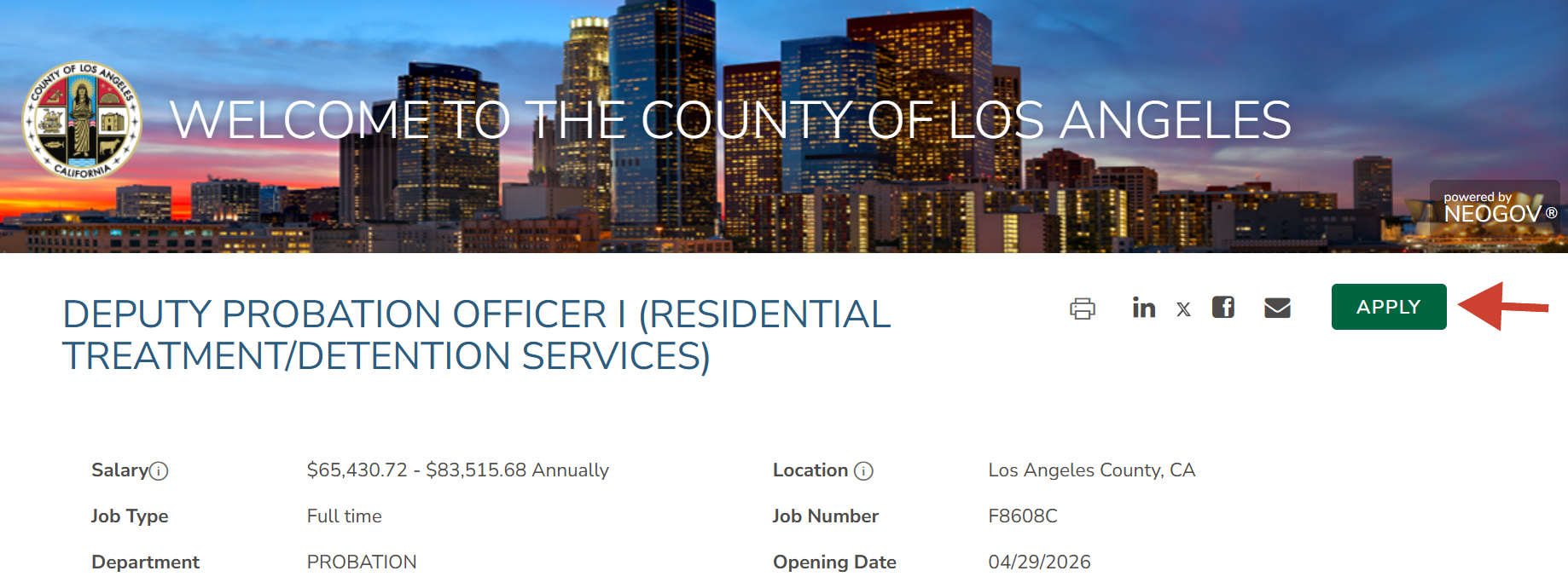Screenshot of Neogov site showing Deputy Probation Officer I position