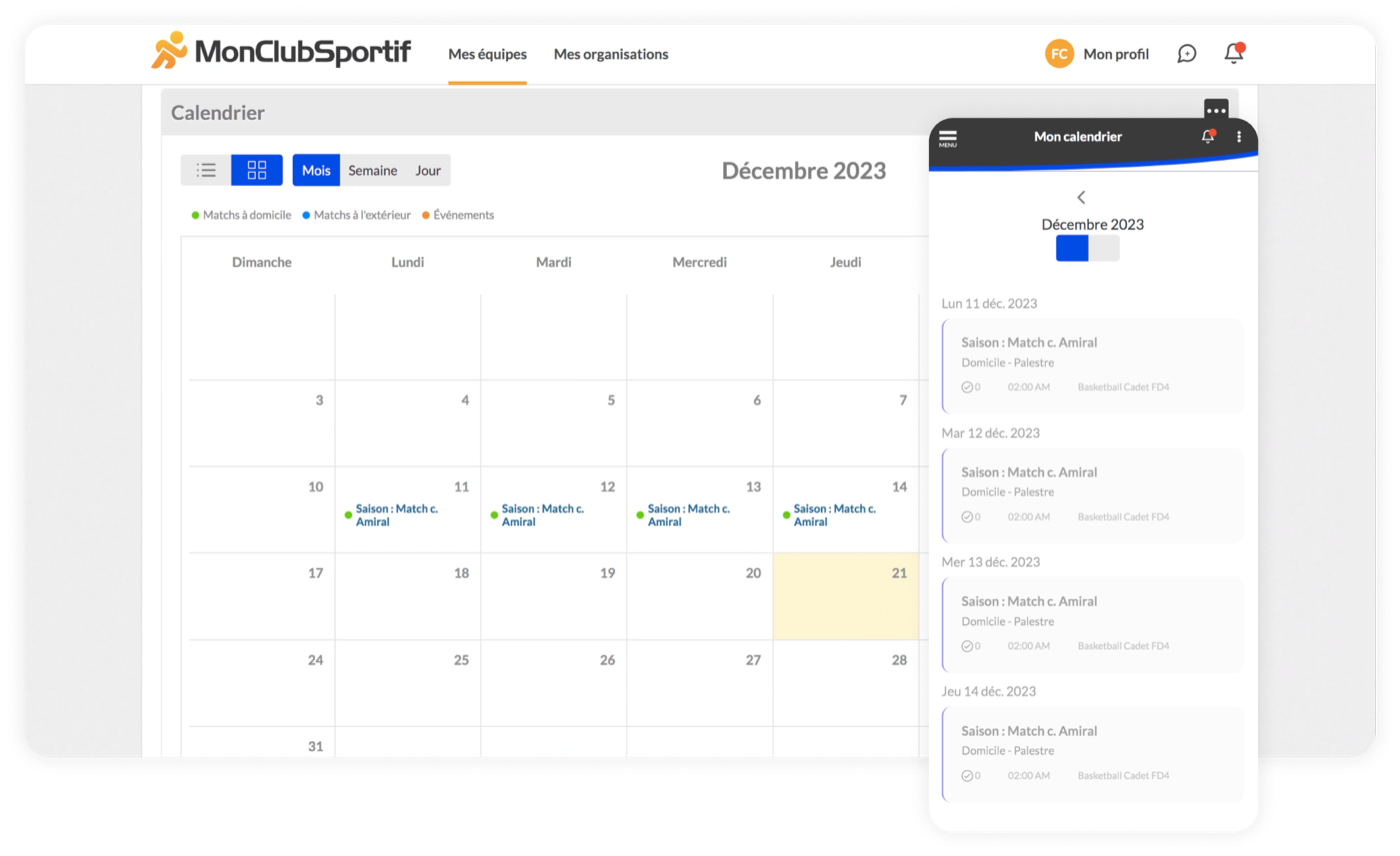 Le calendrier d'équipe dans MonClubSportif