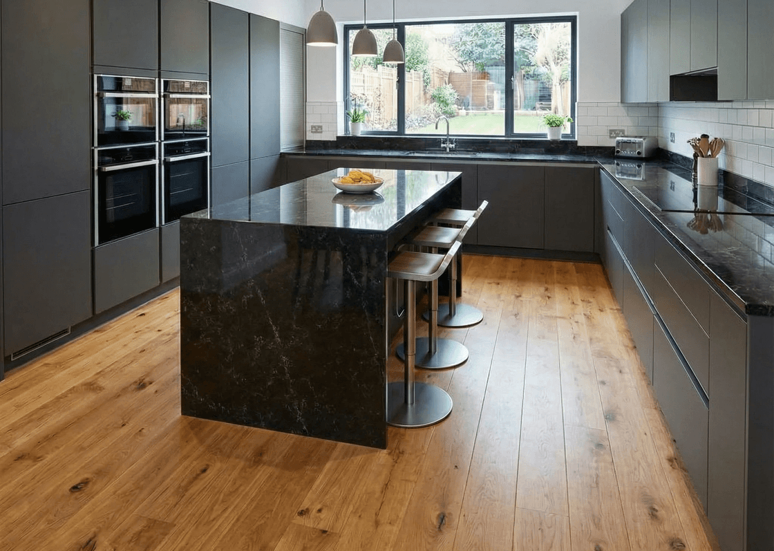 Natura Flooring golden oak engineered wood flooring in a modern kitchen