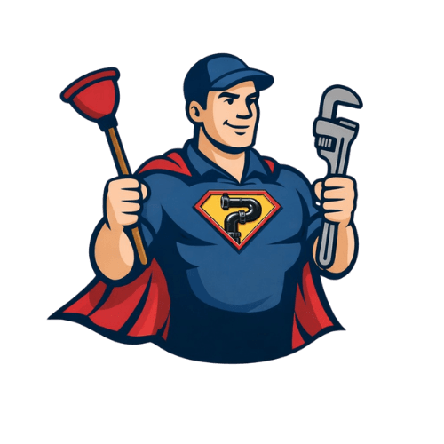 Plumbman superhero plumber mascot holding a plunger and pipe wrench