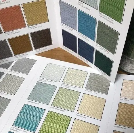 Tri-fold swatch card showing a grid of fabric colorways