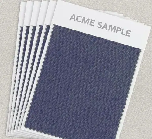 Stack of Acme Sample memo cards mounted with navy upholstery fabric