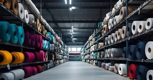 Warehouse aisle stacked with rolls of fabric inventory
