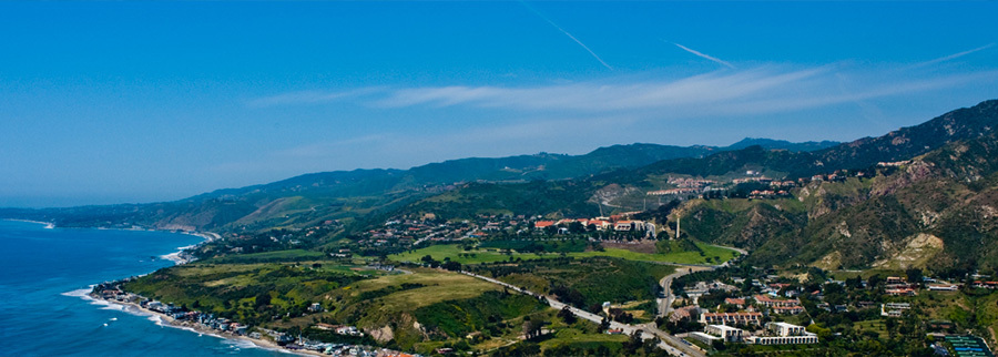 Arial view of Pepperdine's campus and the ocean.
