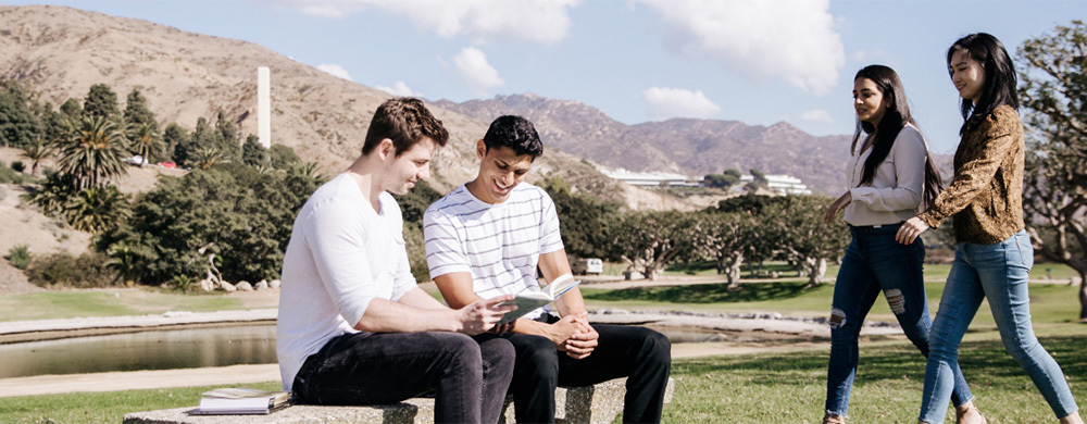 Two students reading on a bench. Two more students are walking by in the background.