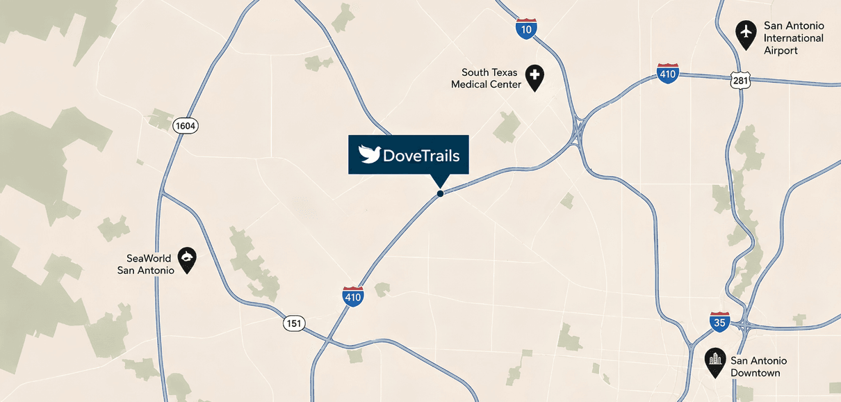 Map showing Dove Trails and nearby San Antonio destinations