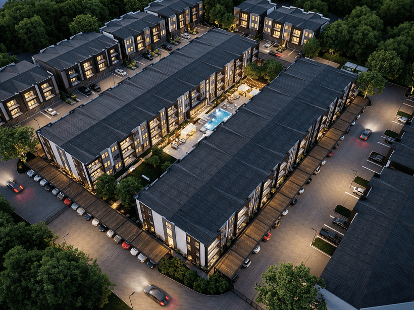 Aerial view of the Dove Trails residential community and amenities