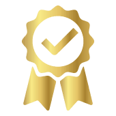 A golden badge with a check mark inside.