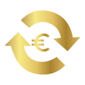 Euro sign with circular arrows around it. Both are in gold.