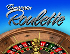 European Roulette logo op lichtblauwe achtergrond. Tafelspel met roulette met 37 vakjes.