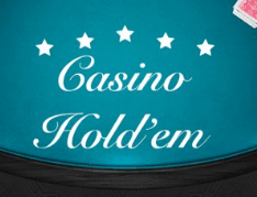 Logo van het Casino Hold'em kaartspel met sterren op turquoise achtergrond.