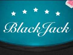 Logo van het Blackjack kaartspel met sterren op turquoise achtergrond.
