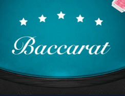 Logo van het Baccarat kaartspel met sterren op turquoise achtergrond.