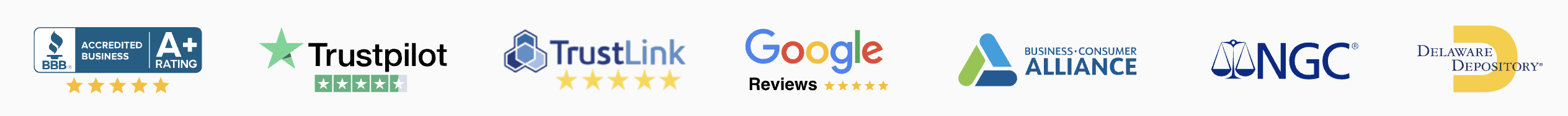 BBB A+ | Trustpilot | TrustLink | Google Reviews | BCA | NGC | Delaware Depository
