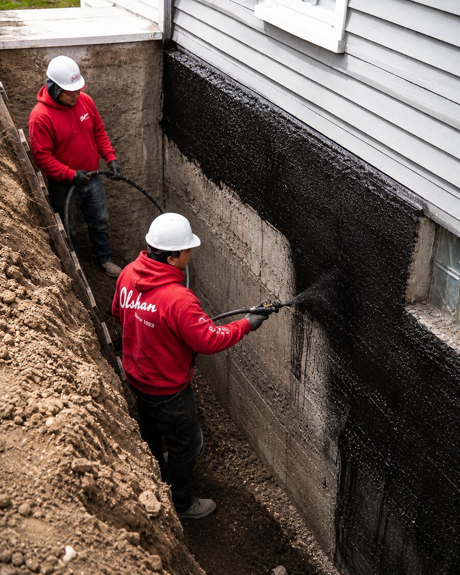 Olshan crew spraying exterior waterproofing on an excavated basement wall