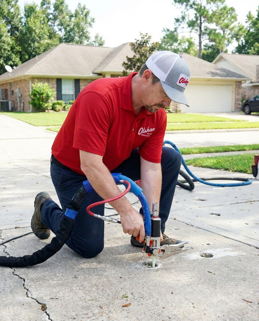 Olshan technician lifting a sunken concrete driveway with PolyLift polyurethane injection