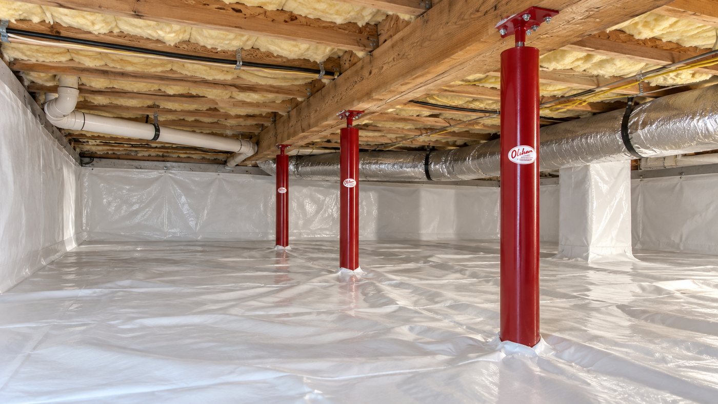 Fully encapsulated crawl space with Olshan SafeAdjust support columns, sealed vapor barrier and wrapped ductwork