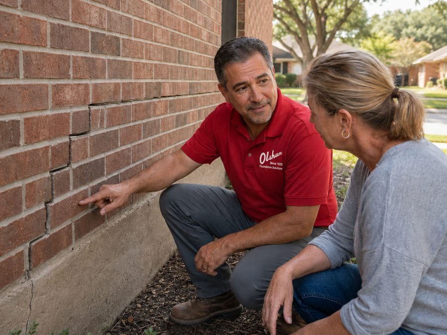 Olshan technician showing a homeowner a stair-step crack in brick