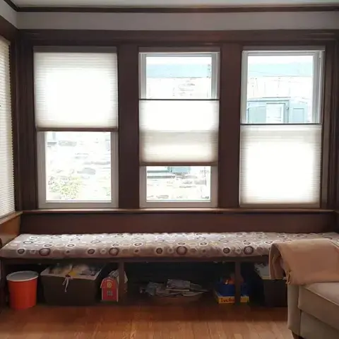 Cellular shades in a bay window