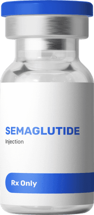 A vial of compounded Semaglutide, a GLP-1 peptide available by prescription from Brightmeds-affiliated doctors.