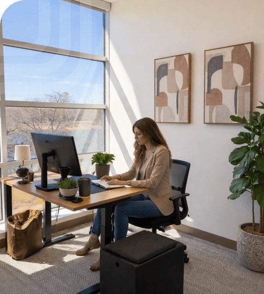 Woman working at a desk in a private office with a large window, computer monitor, plants, and wall art.