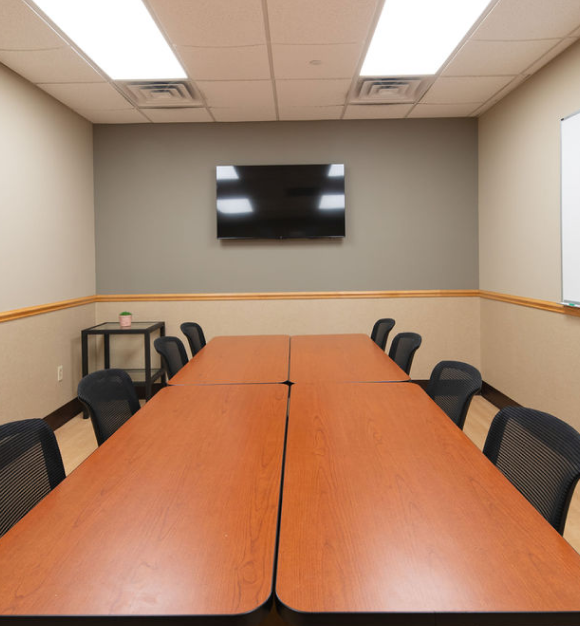 Bright, sunlit office with large windows, glass-top desk, ergonomic chairs, and decorative plants.