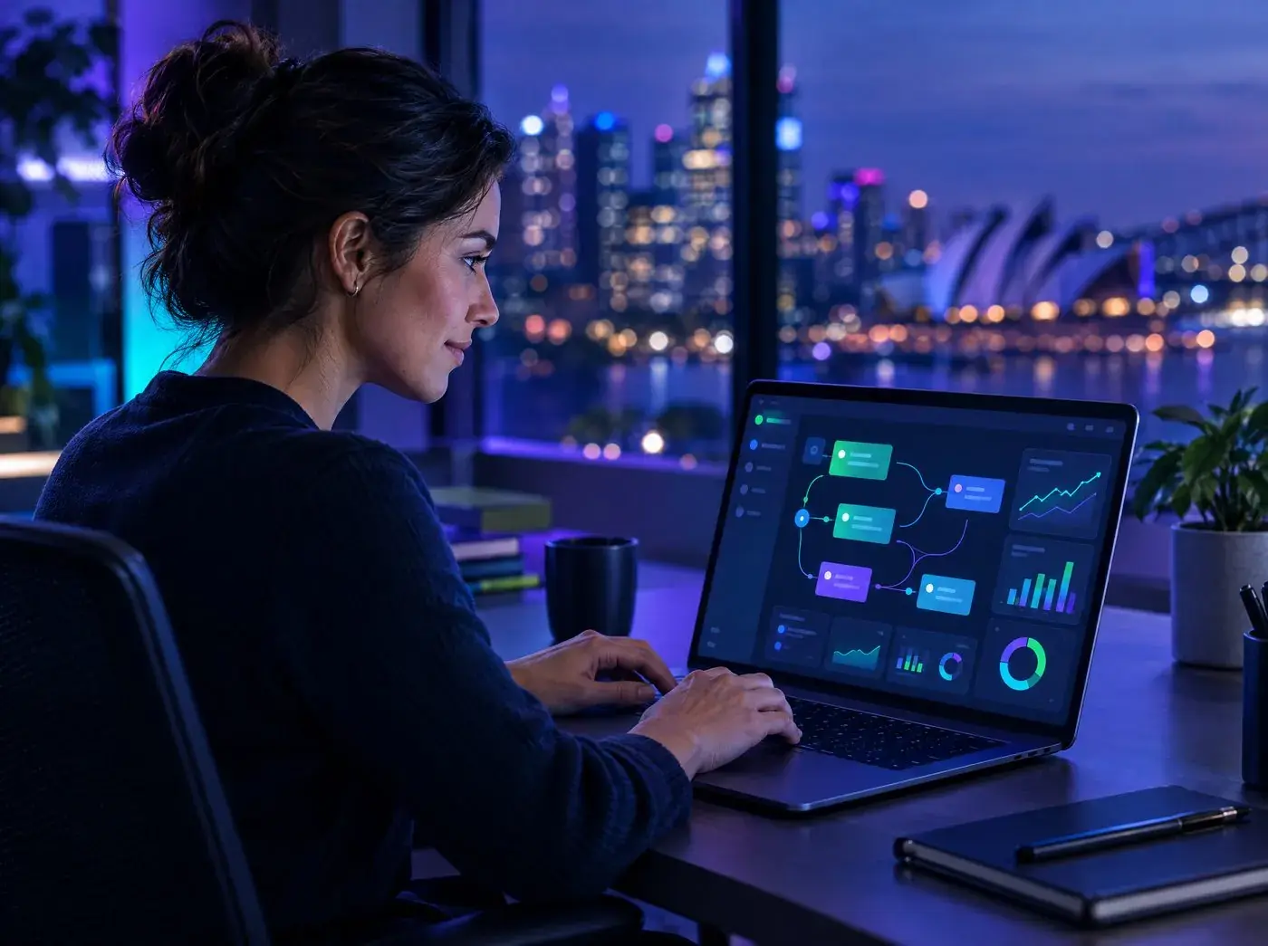 An IT professional working through a ServiceNow-style workflow dashboard on a laptop in the evening