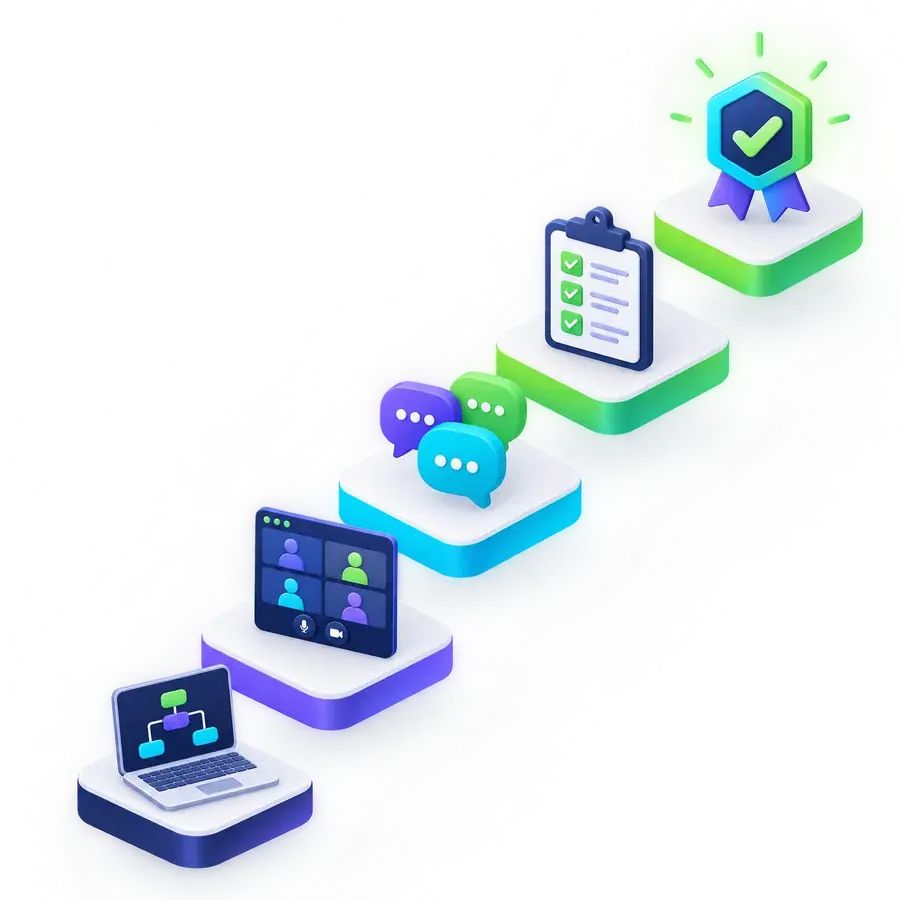 Illustration of a five-step learning path ending in a certification badge