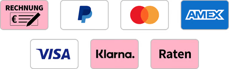 Zahlungsarten: Rechnung, PayPal, Mastercard, AMEX, VISA, Klarna, Raten