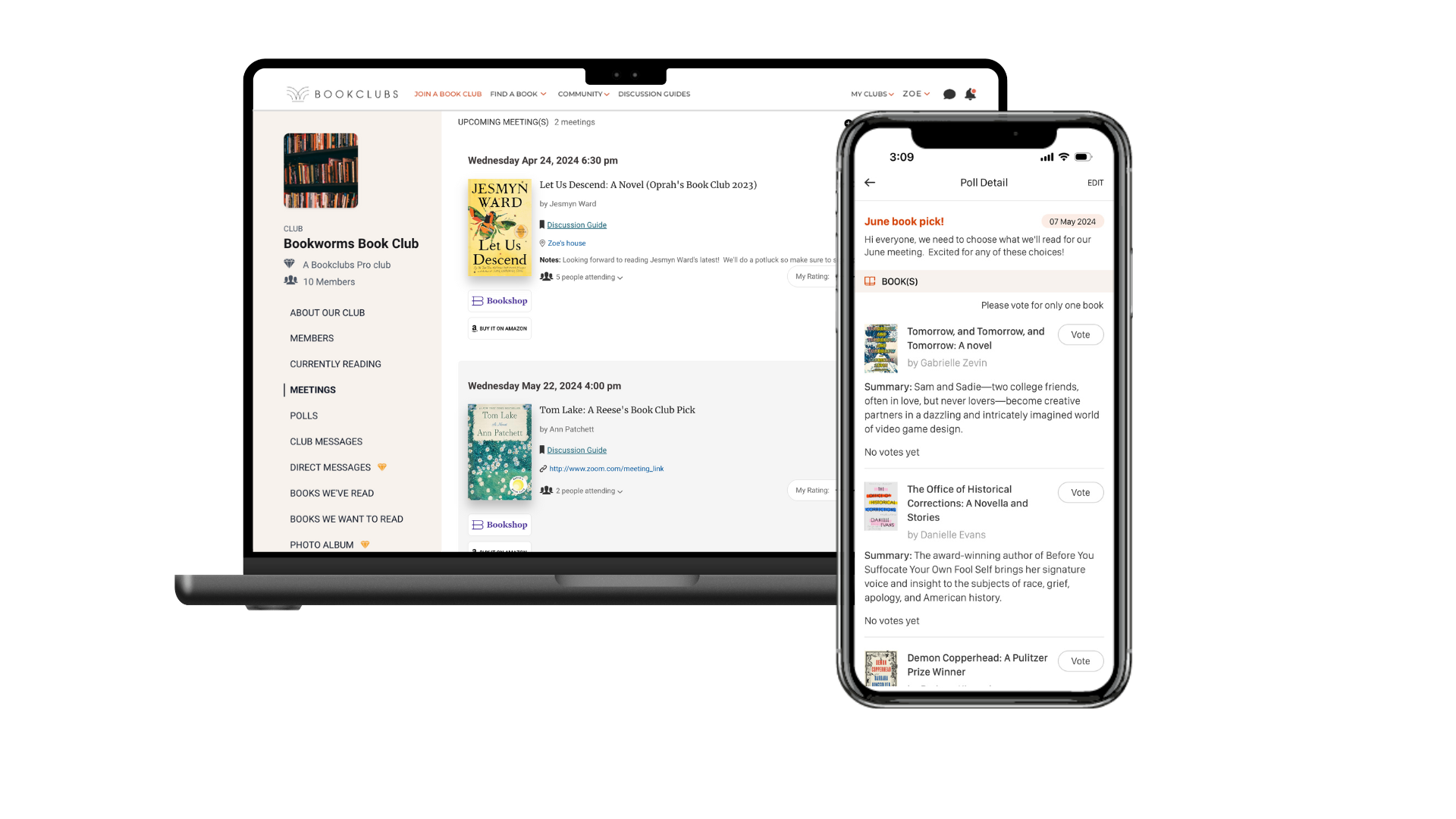Screenshots of Bookclubs meeting and poll pages on website and app.