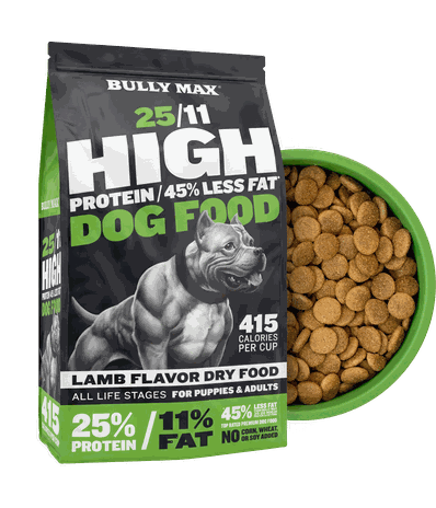 Bully Max 25/11 High Protein Lamb 45% Less Fat Dog Food bag and bowl