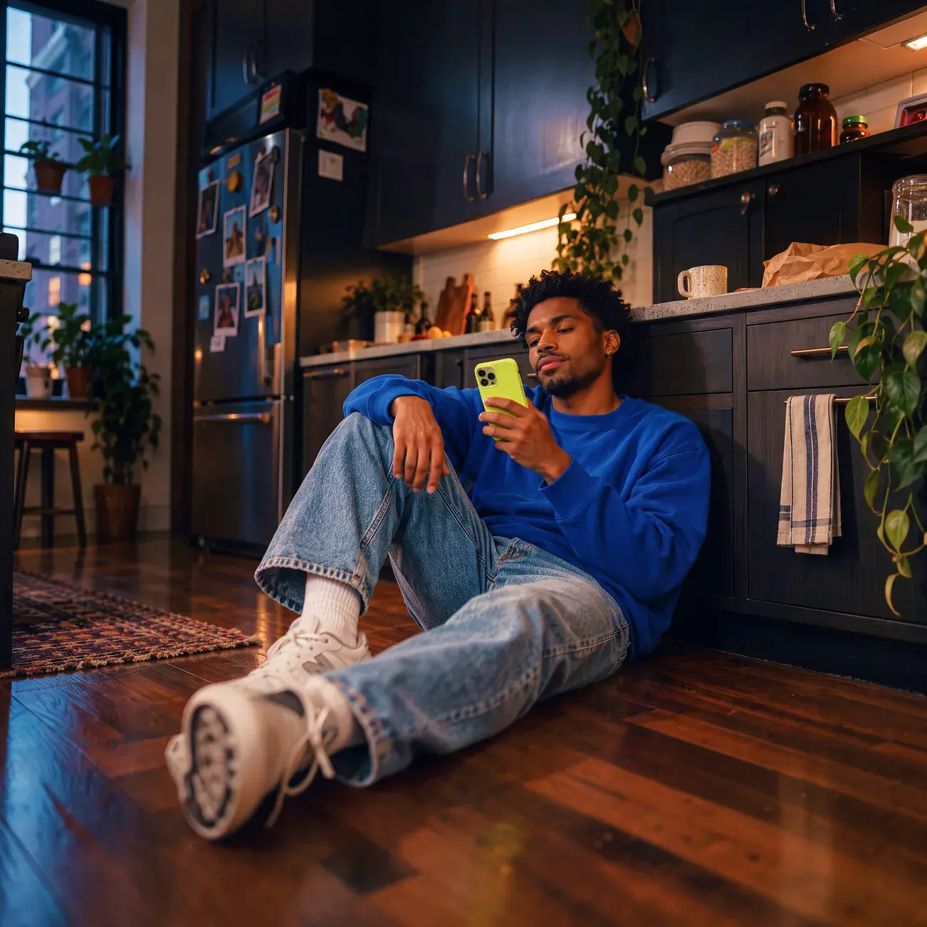 Flex member checking the app on his phone while relaxing on his kitchen floor
