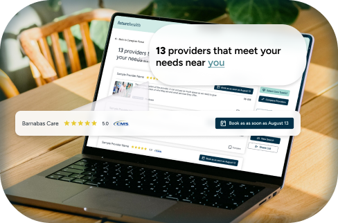 A preview of Future Health's user-friendly provider marketplace, where we cater directly to your location and preferences while making it easy to schedule with one click. 