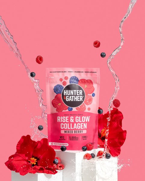 Packaging of Hunter & Gather Rise & Glow Collagen with berries and splashing water.