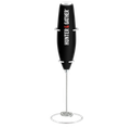 Handheld milk frother with a black handle and silver whisk.