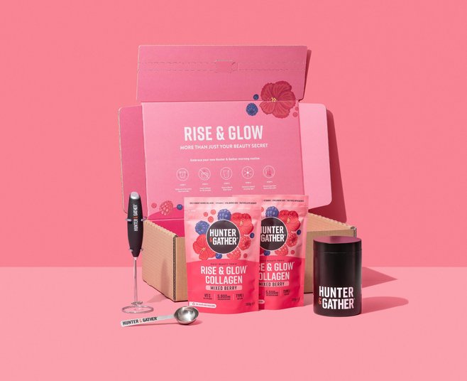 Hunter & Gather Rise & Glow Collagen product set with packaging against a pink background.