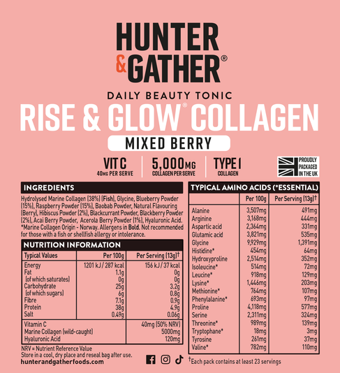 Hunter & Gather Rise & Glow Collagen supplement packaging with ingredient and nutrition information.