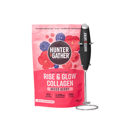 Packaging of Hunter & Gather Rise & Glow Collagen with a handheld mixer.