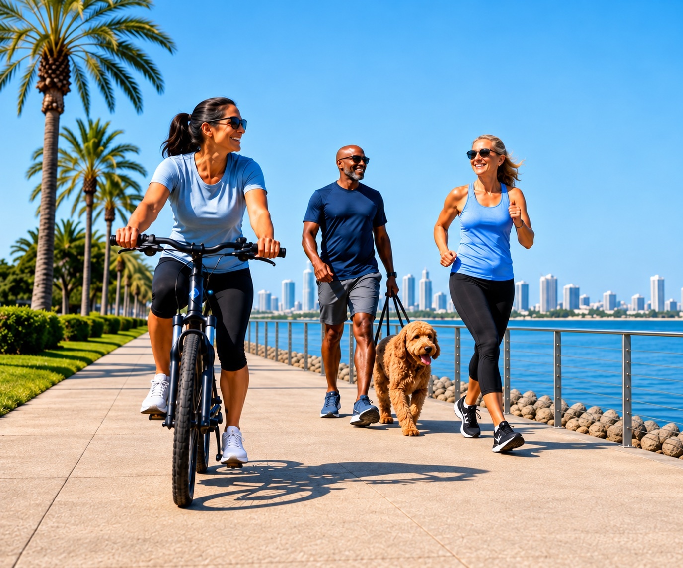 Adults cycling, walking a dog, and jogging beside the Florida waterfront