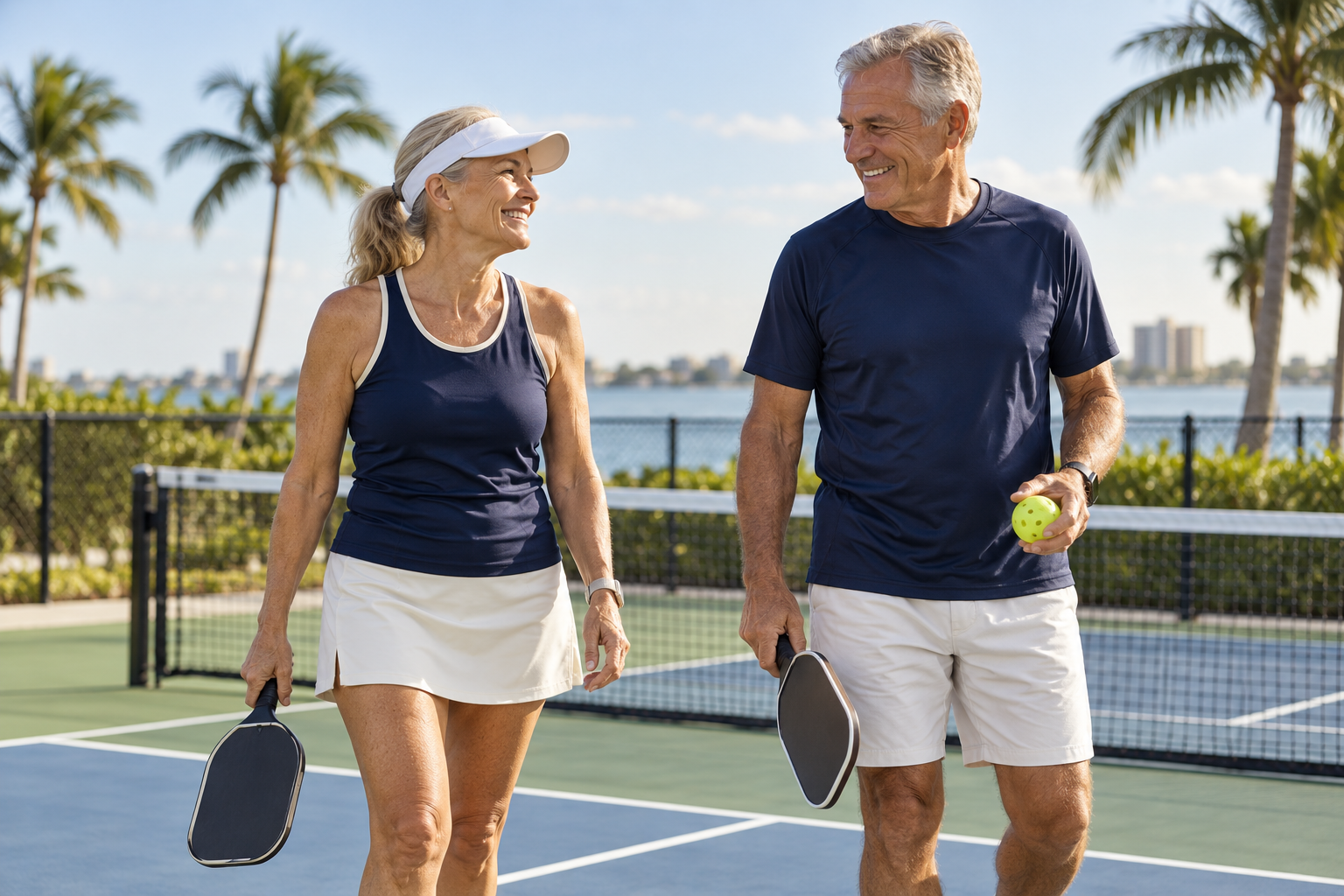 Older adults enjoying time together on a Florida pickleball court