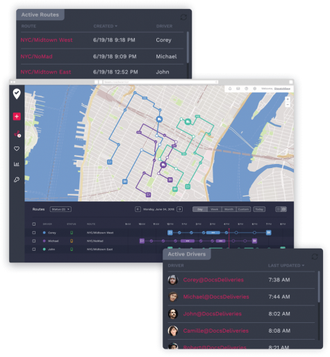 Computer screens showing details about three different delivery routes.