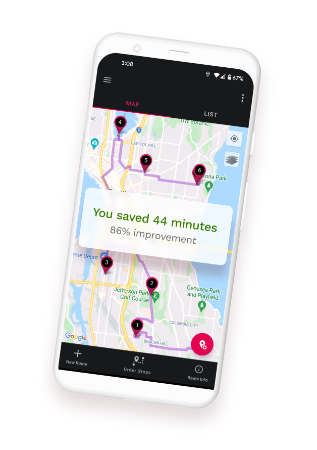 RoadWarrior, a multi-stop route planning app, on phones and a laptop