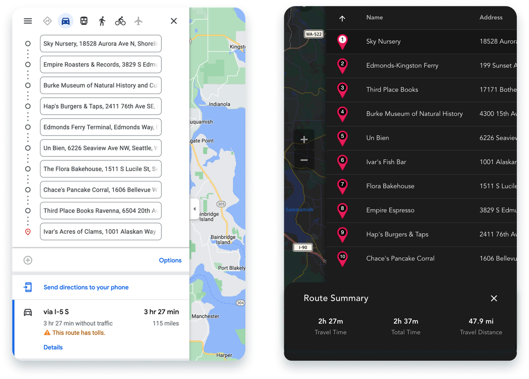 Screenshots of two lists of route stops. The first list is from Google Maps and the total route time is 3hr 27min. The second list is from RoadWarrior Flex and the travel time is 2hr 27min.