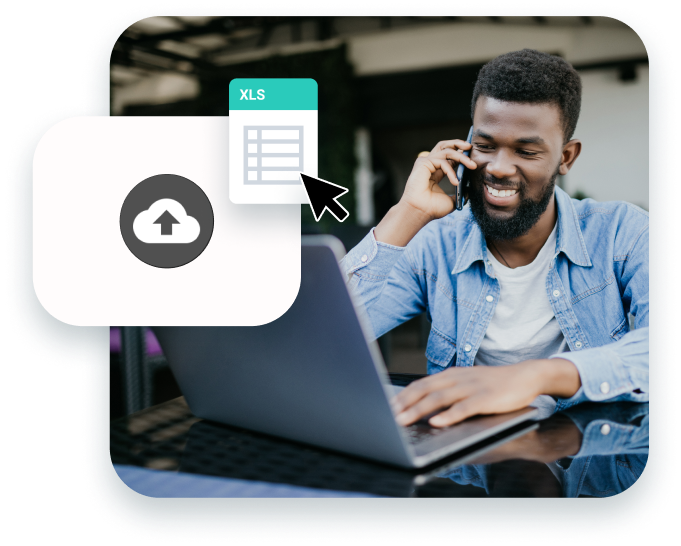 A cursor drags an Excel document to an upload field, while a smiling man works on a laptop in the background.