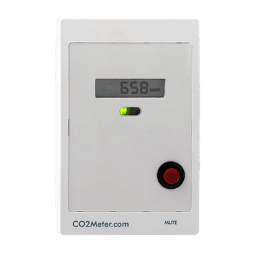 The eSense CO2 Monitor for LEED. A white, rectangular device with a small screen that reads carbon dioxide. Underneath is a light induction and a mute button.