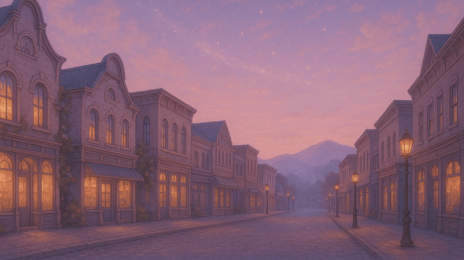 Arcana Glen's lantern-lit main street with mountain peaks in the distance