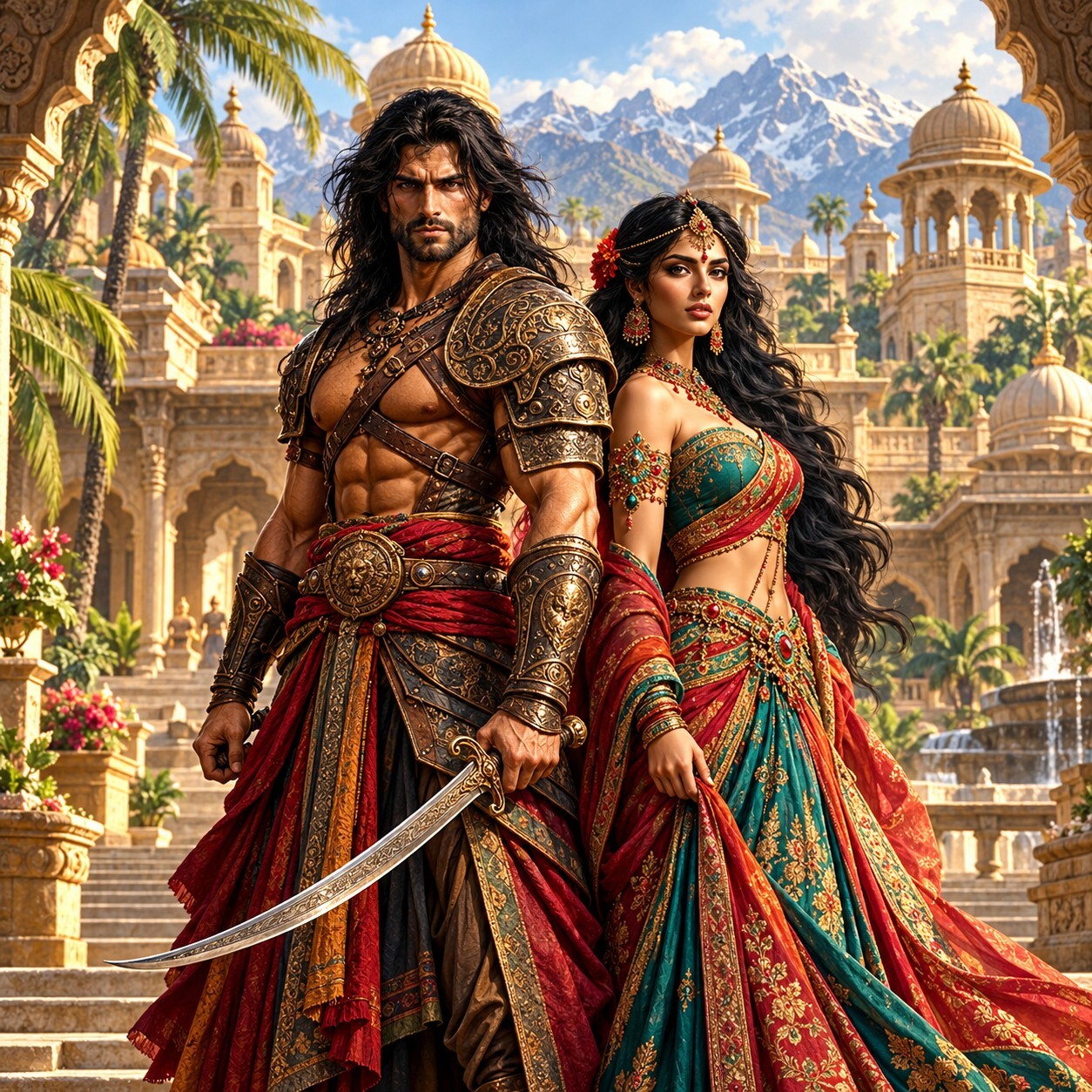 A warrior and princess in a sunlit sandstone palace, inspired by the Tales of Tandaria covers