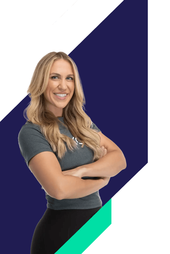 An Exos coach with a diagonal-cropped brand background