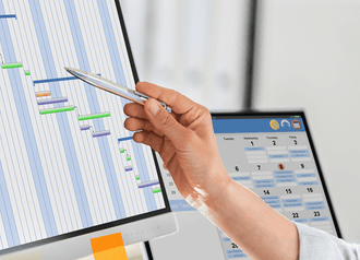 A project plan and timeline being reviewed on a tablet