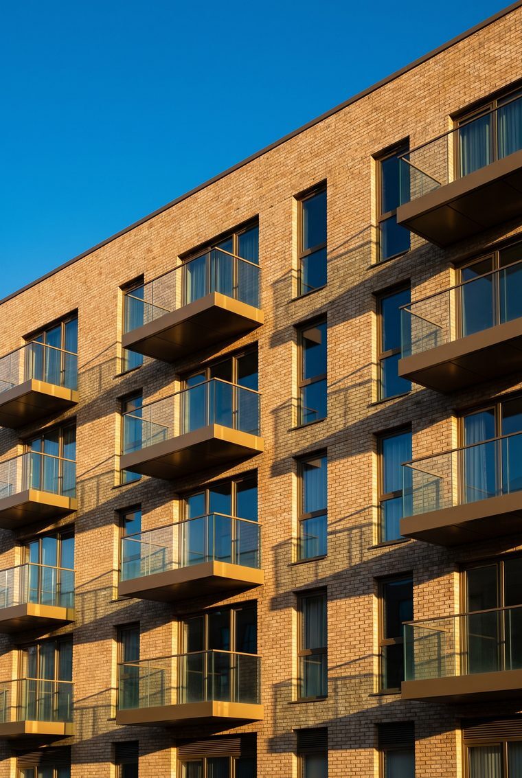 Brick apartment building with balconies in low sun